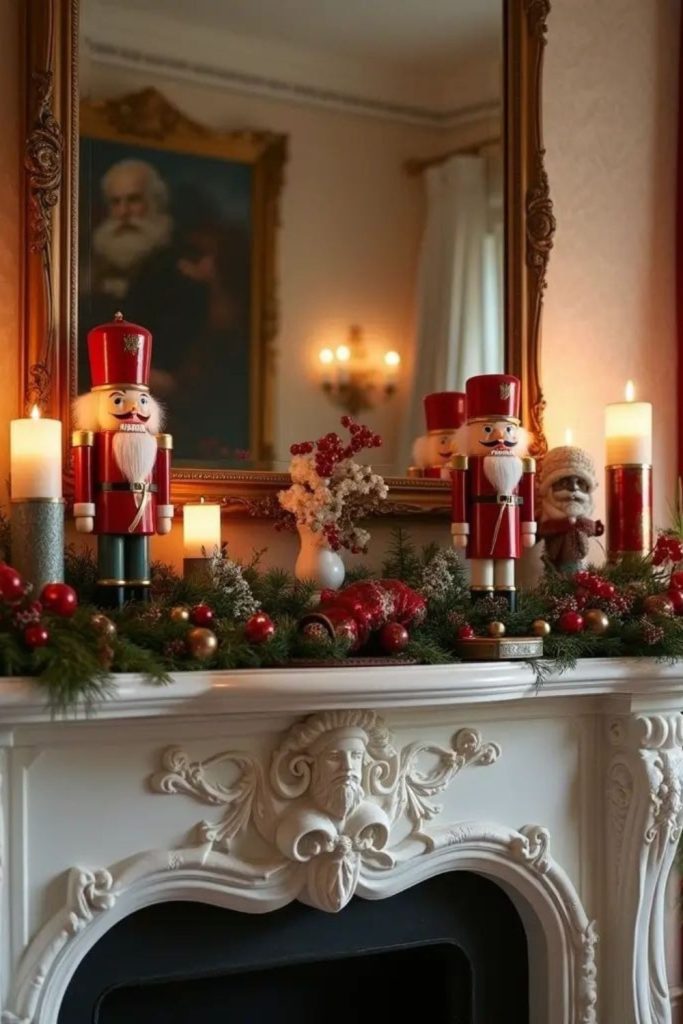 Regal Nutcracker Christmas mantel with ribbons.