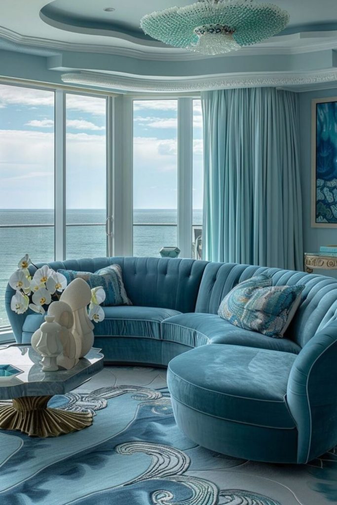 Ocean blue curved sofa by windows.