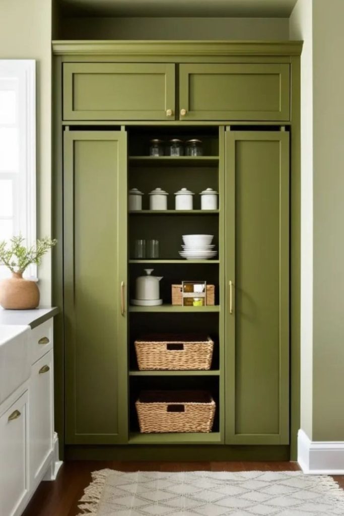Olive green larder with wooden shelving.