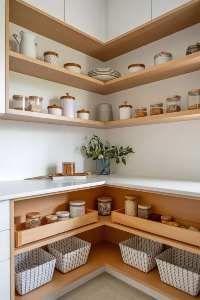 Open shelving larder with organized jars.