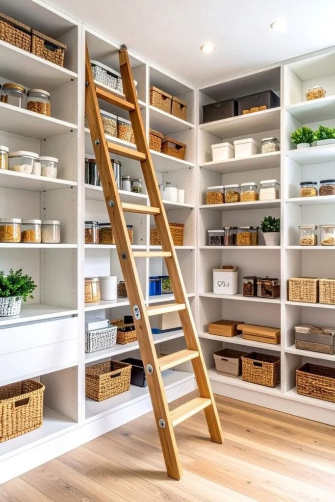 Tall pantry featuring a rolling ladder.