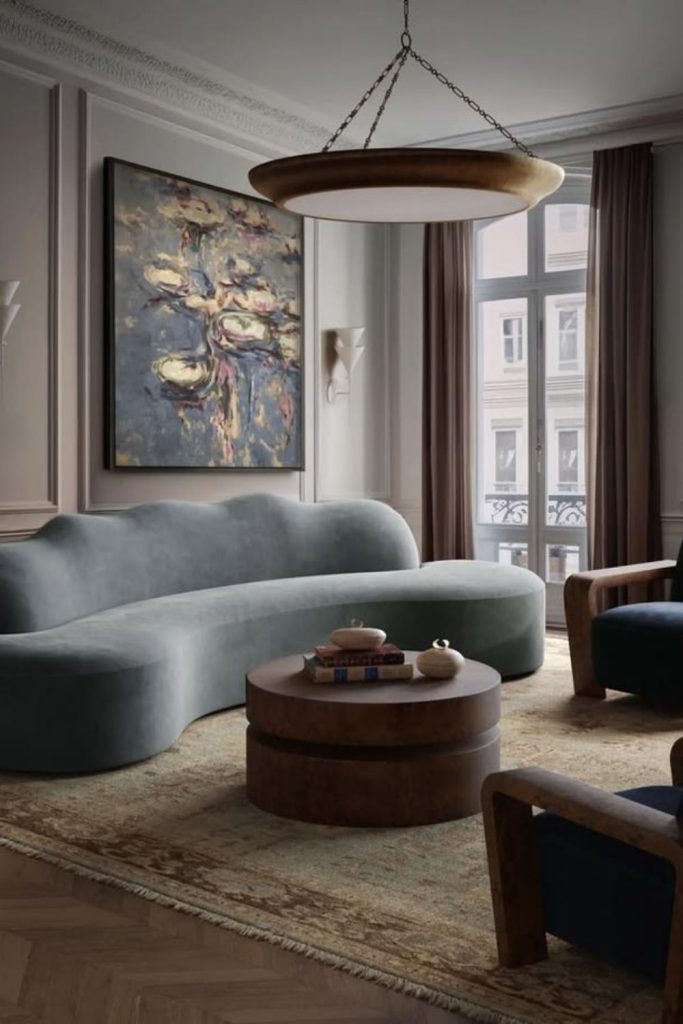 Parisian curved sofa with elegant décor.