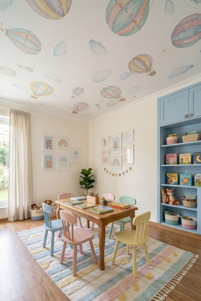 Dreamy pastel cloud playroom design.