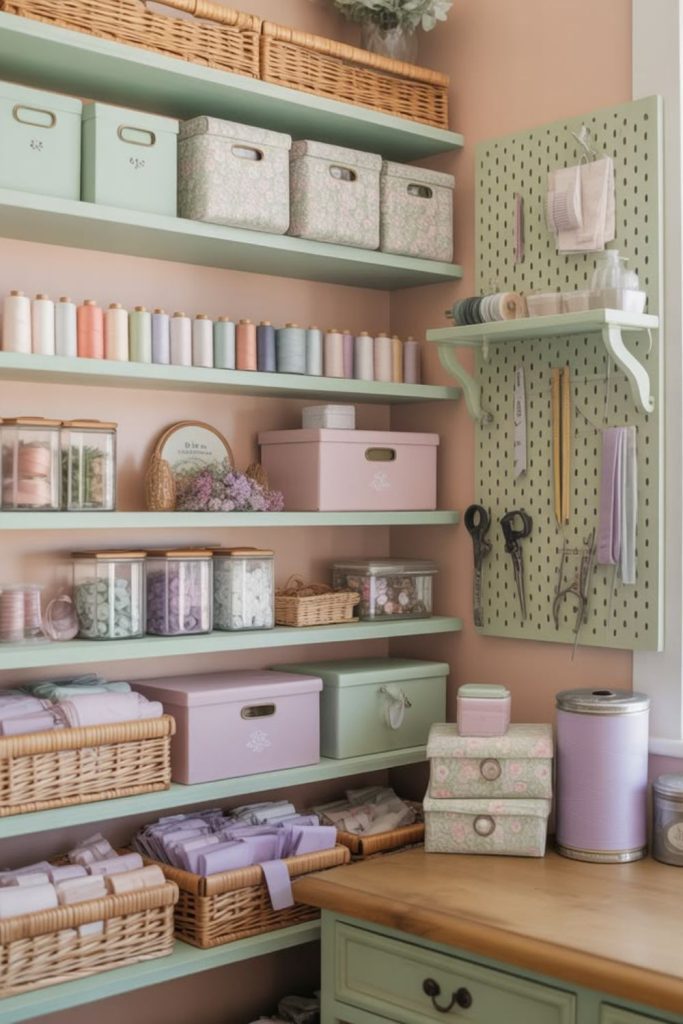 Pastel paper craft room with supplies.