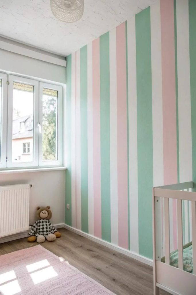 Pastel playful dado rail bedroom.