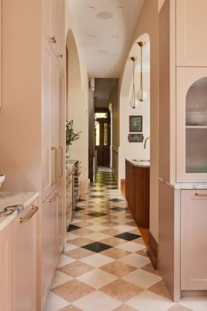 Peach ivory playful checkerboard floor.