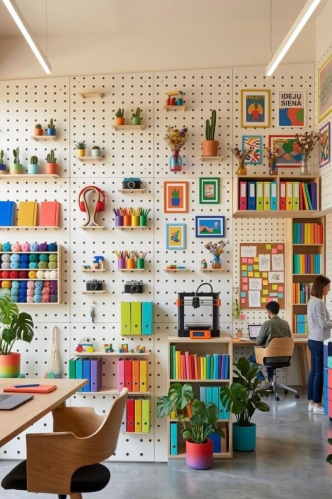 Pegboard craft wall with organized tools.