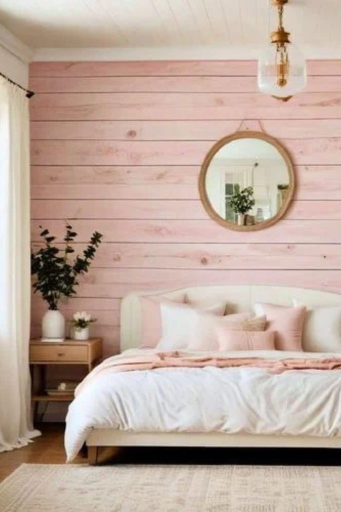 Blush pink shiplap wall with furniture.