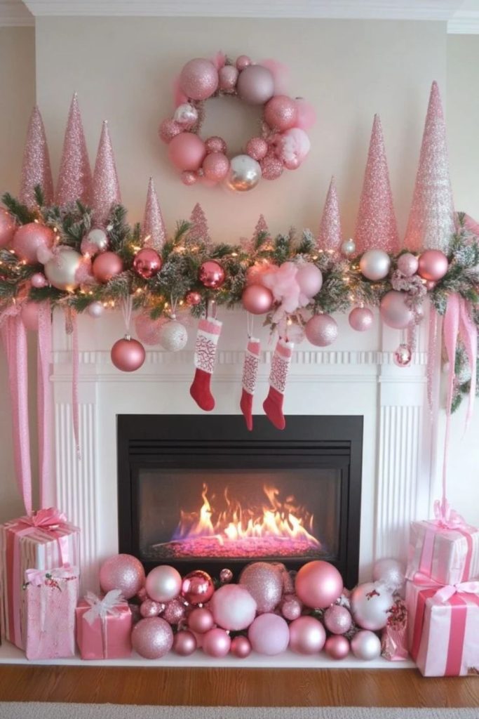 Dreamy pink Christmas mantel with ornaments.