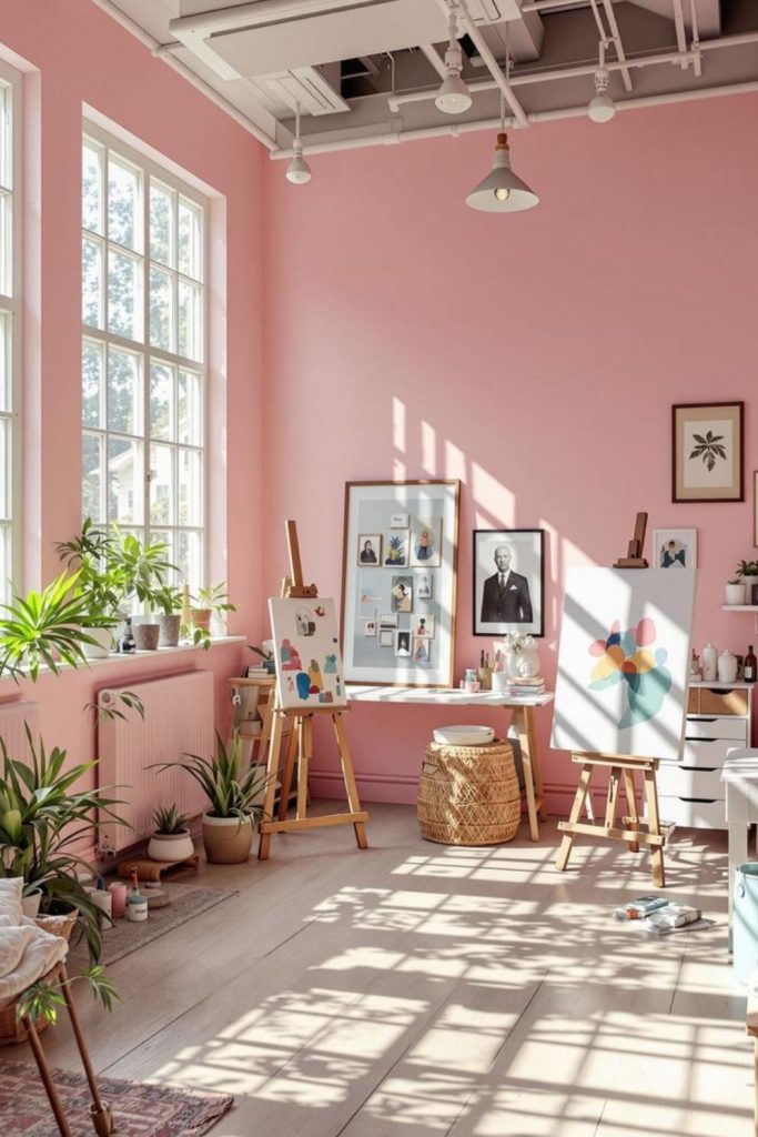 Pink craft room with elegant accents.