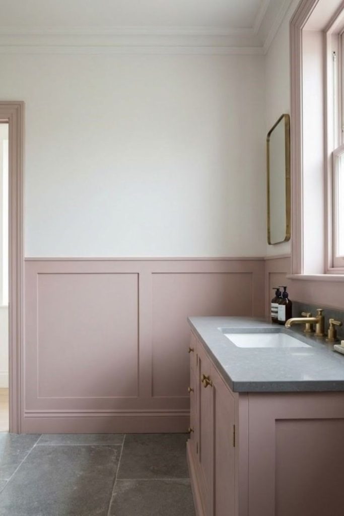 Pink powder room wainscoting design