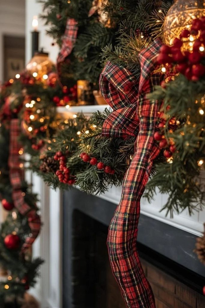 Plaid cabin Christmas mantel with greenery.