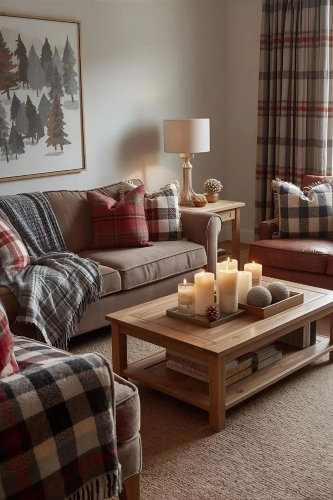 Plaid mountain living room with fireplace.