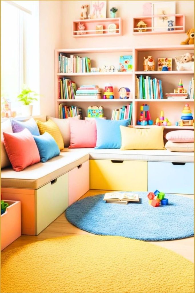 Colorful reading loft playroom design.