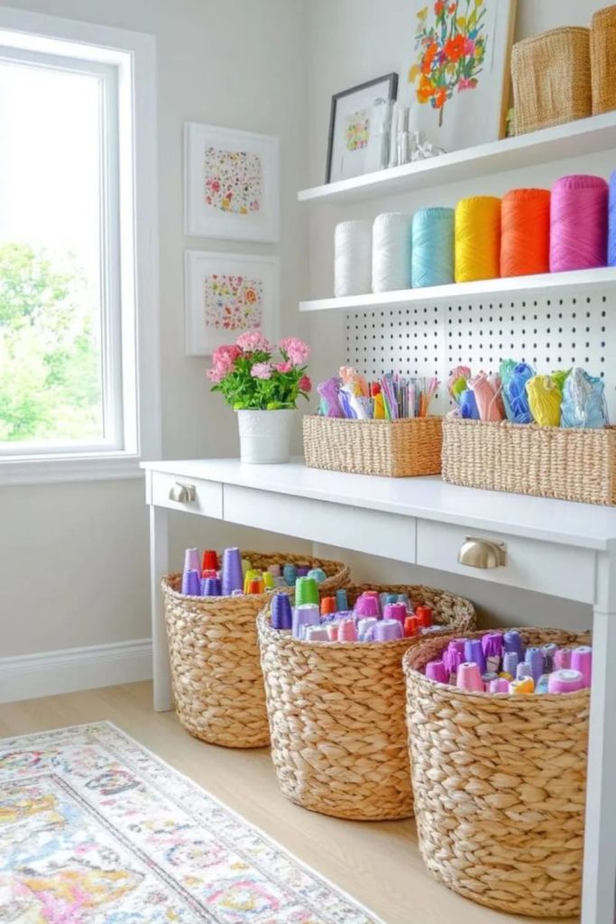 Rainbow craft room with colorful supplies.