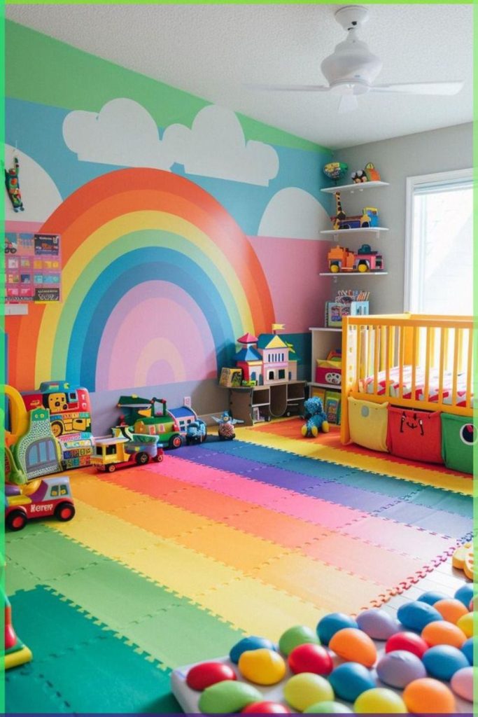 Colorful rainbow-inspired children's playroom.