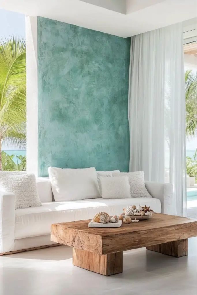 Rainwashed green tranquil limewash wall.