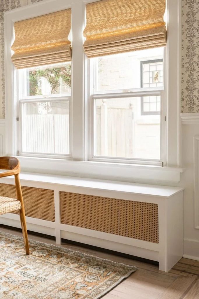 Bohemian rattan radiator cover design.
