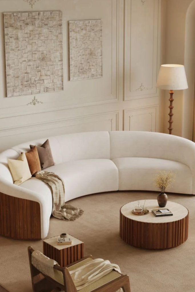 Retro boucle curved sofa interior.