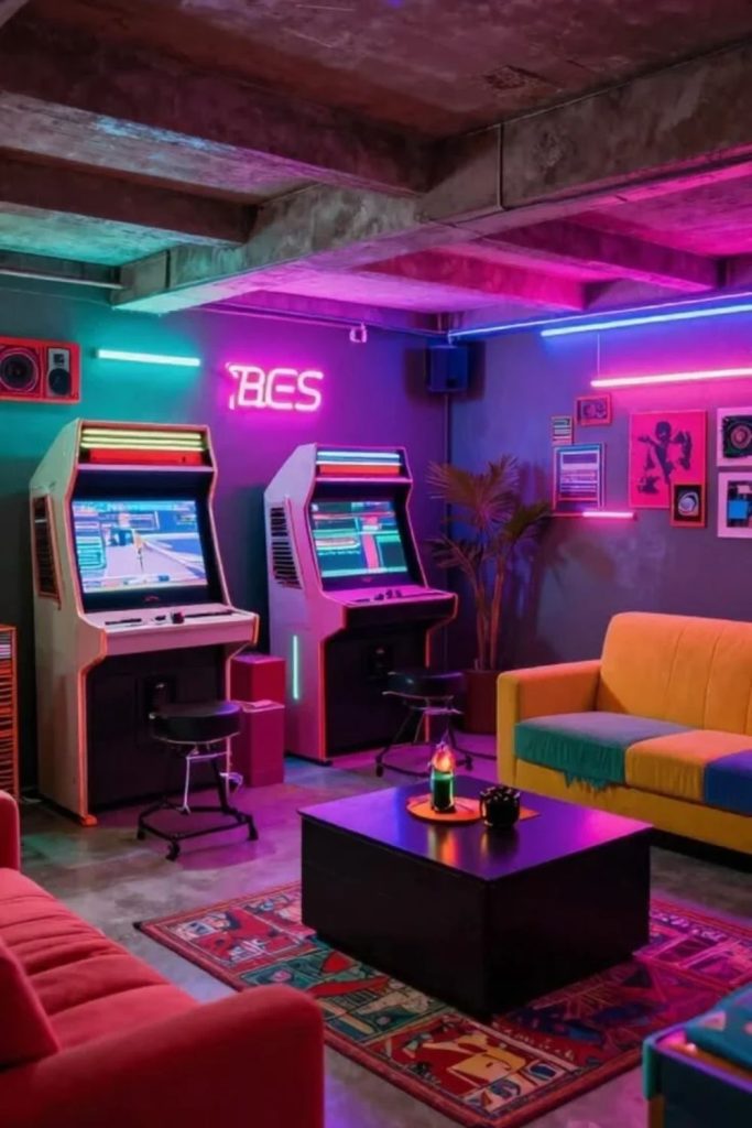 Retro gaming room with consoles