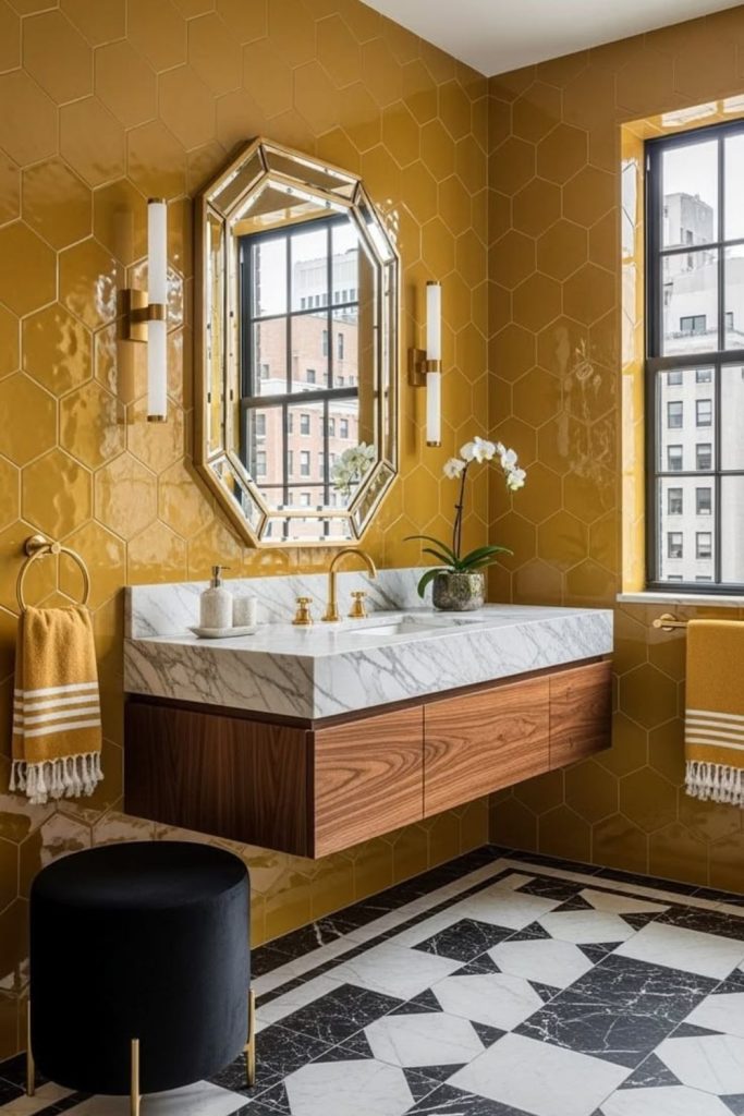 Retro mustard powder room design.