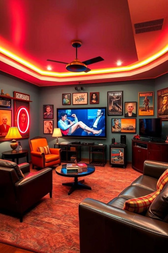 Colorful retro-inspired home movie theater.