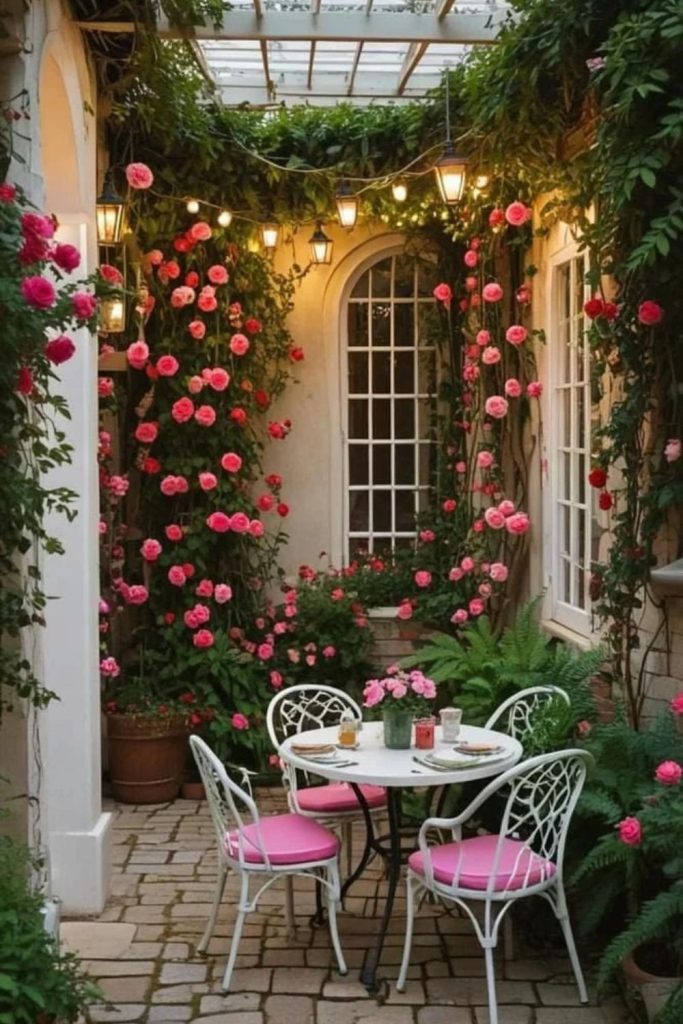 Romantic rose courtyard with vintage seating.