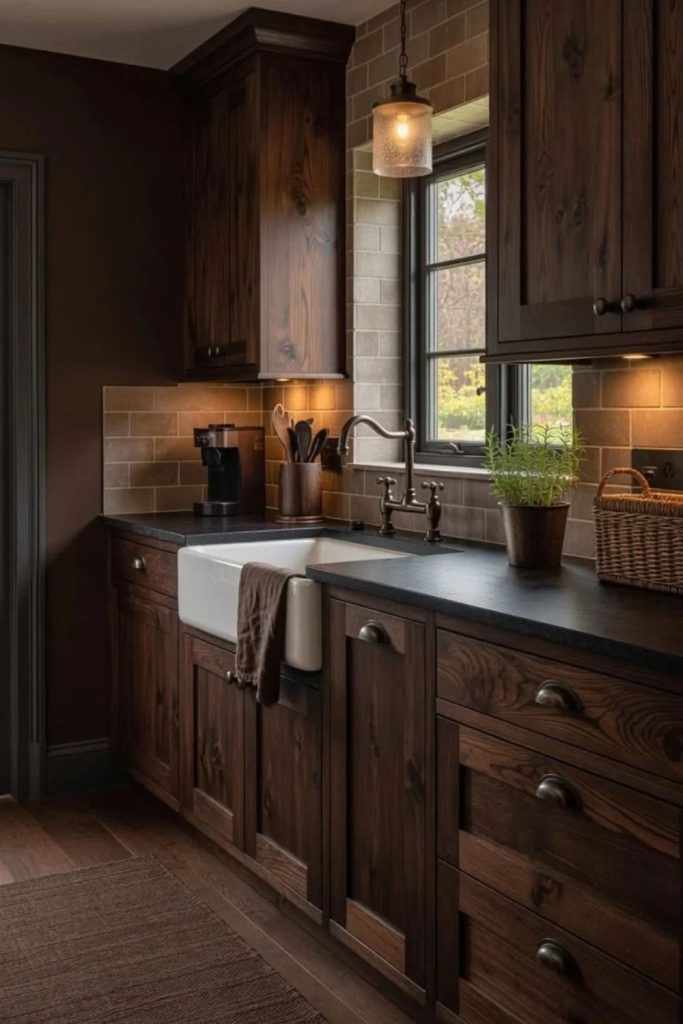 Rustic chocolate cottage kitchen interior