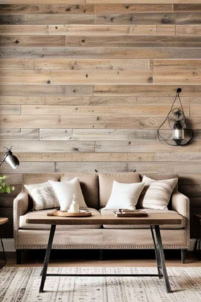 Rustic farmhouse shiplap wall with decor.