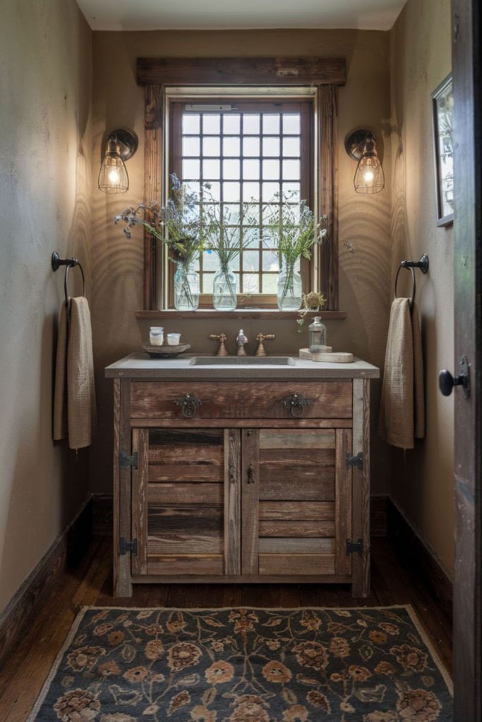 Rustic farmhouse powder room design.