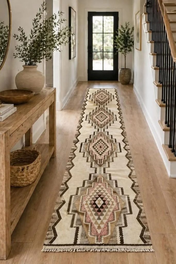 Rustic farmhouse hallway runner decor.