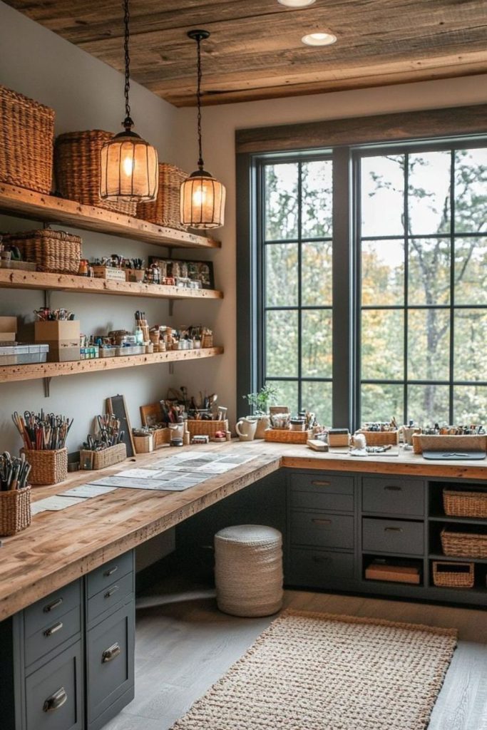 Rustic farmhouse craft room with timber.