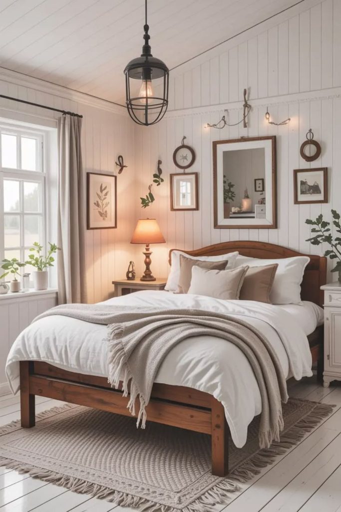 Rustic hygge bedroom with wooden accents.