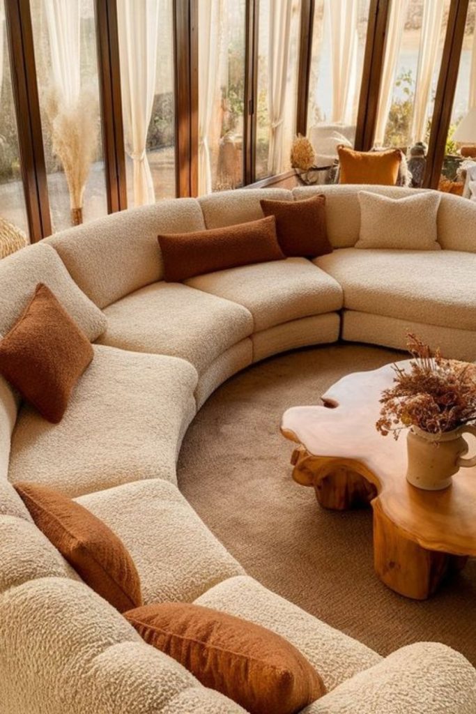 Rustic linen curved sofa interior.