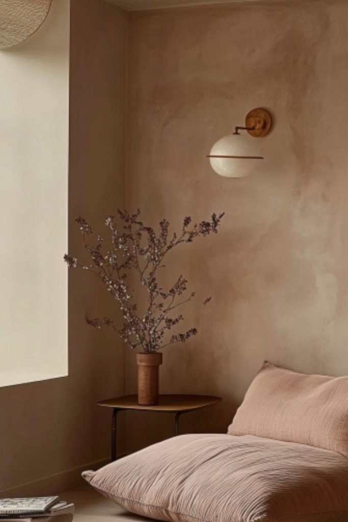 Rustic mushroom toned limewash wall.