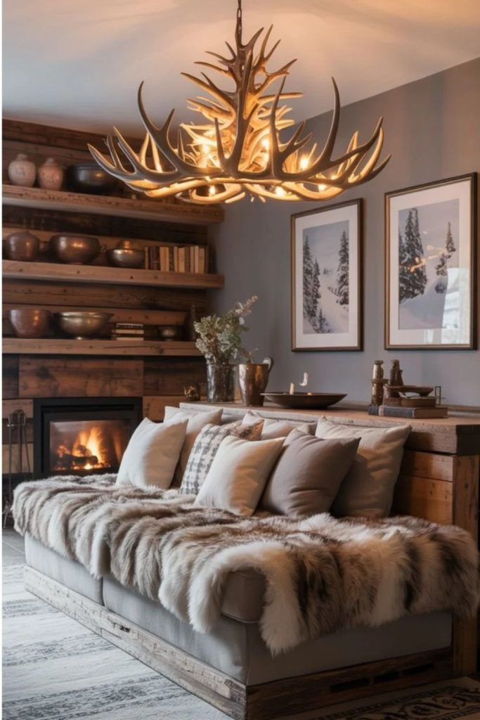 Rustic neutral winter living room decor.