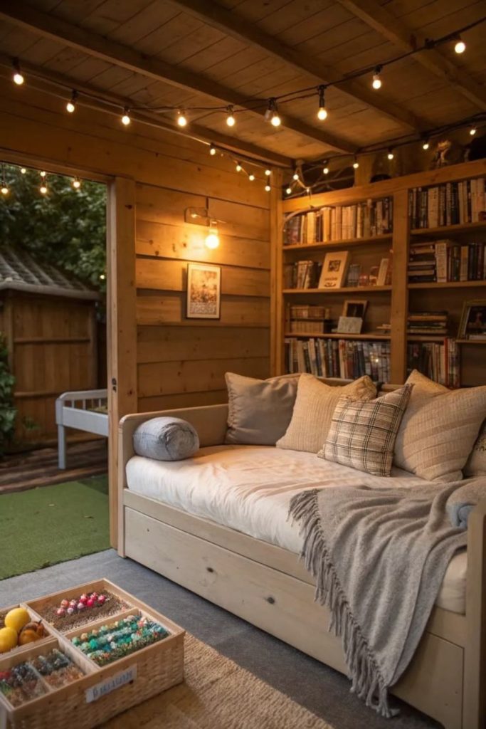 Rustic reading nook garage conversion