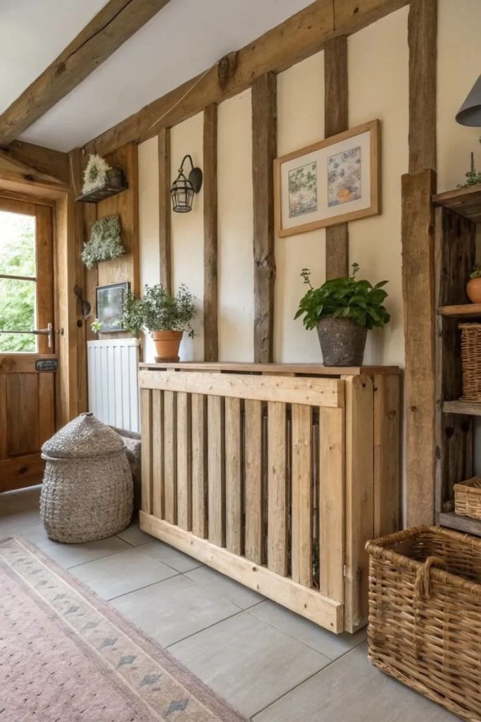 Rustic reclaimed wood radiator cover.