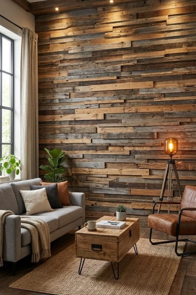 Rustic reclaimed wood wall panel design.