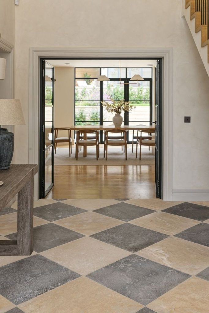 Rustic slate ivory checkerboard flooring.