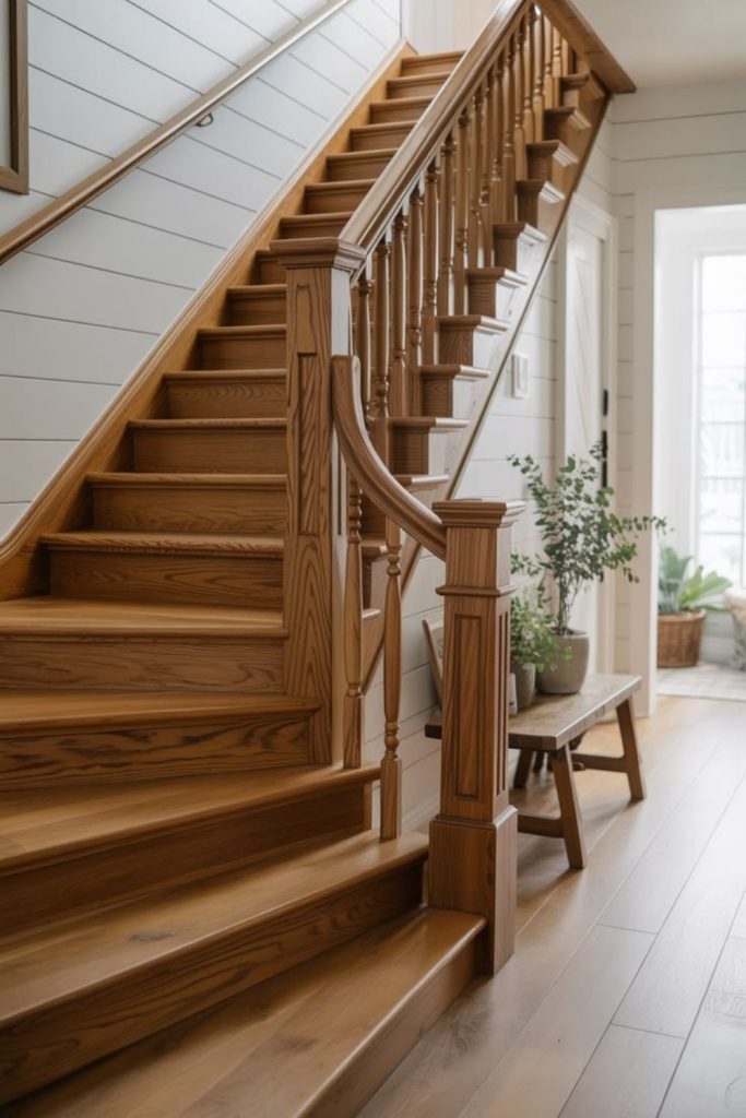 Rustic wooden staircase iron railing.