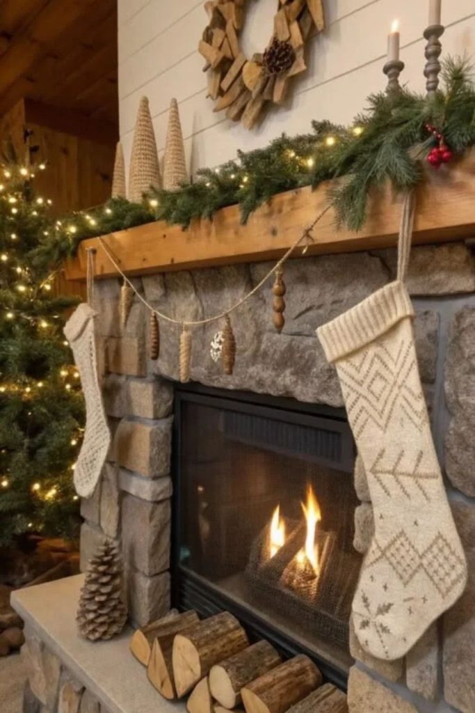 Rustic woodland Christmas mantel with pinecones.