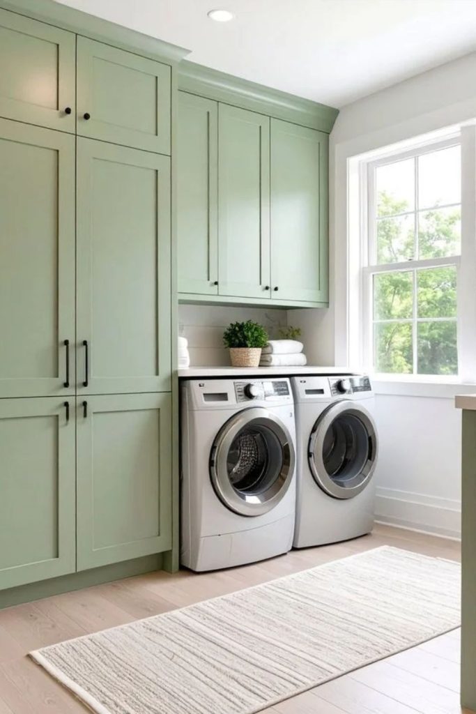 Sage green utility room with baskets.