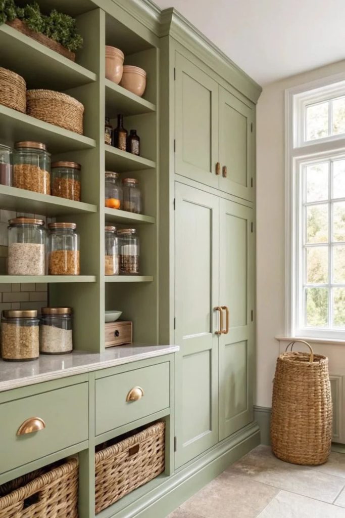 Sage green pantry with wooden shelves.