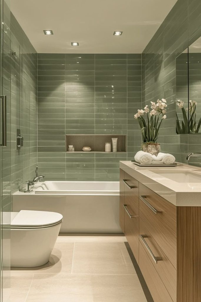 Calming sage green ensuite bathroom.