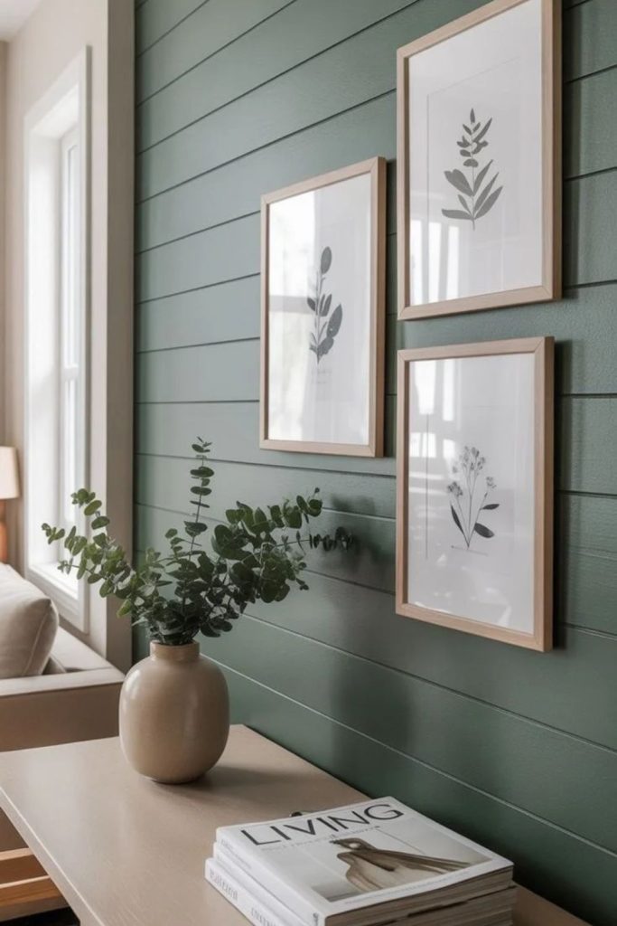 Sage green shiplap wall in bedroom.