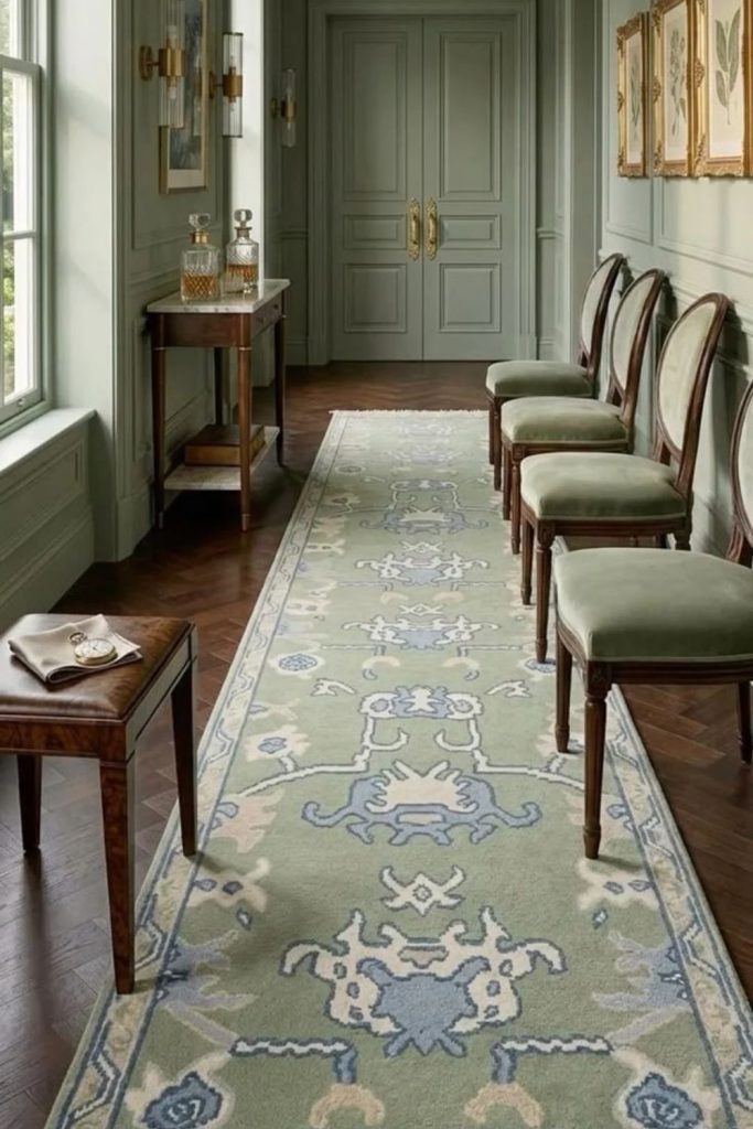 Sage botanical hallway runner decor.