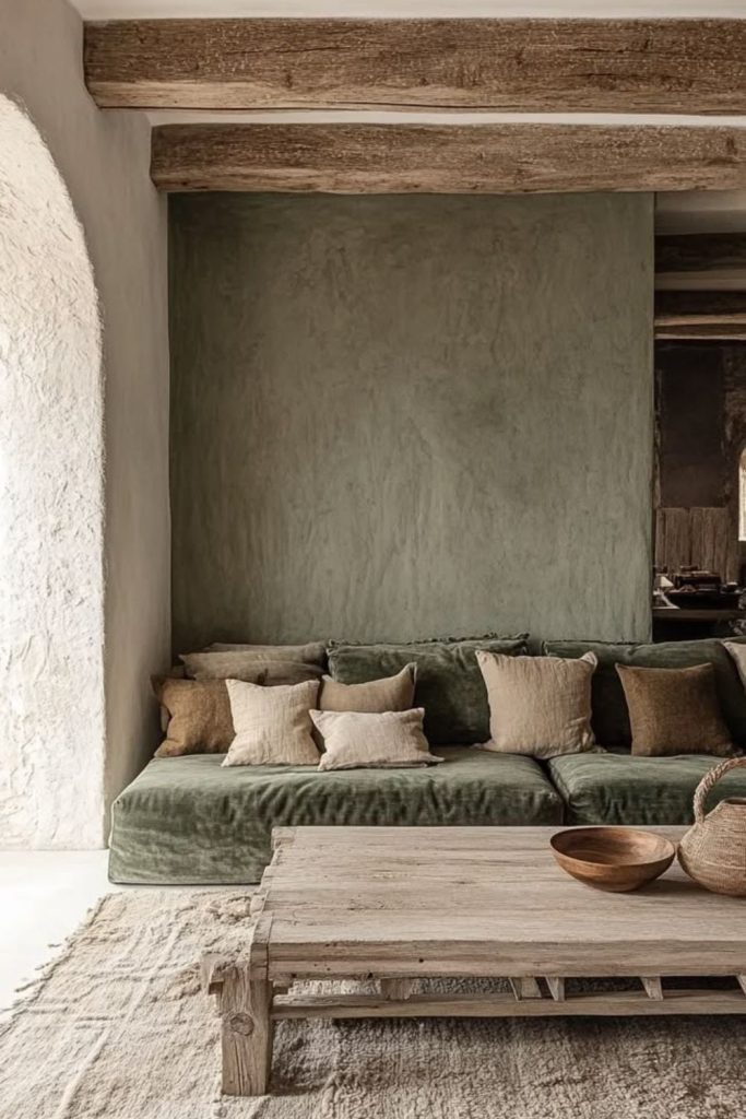 Sage stone blended limewash wall.