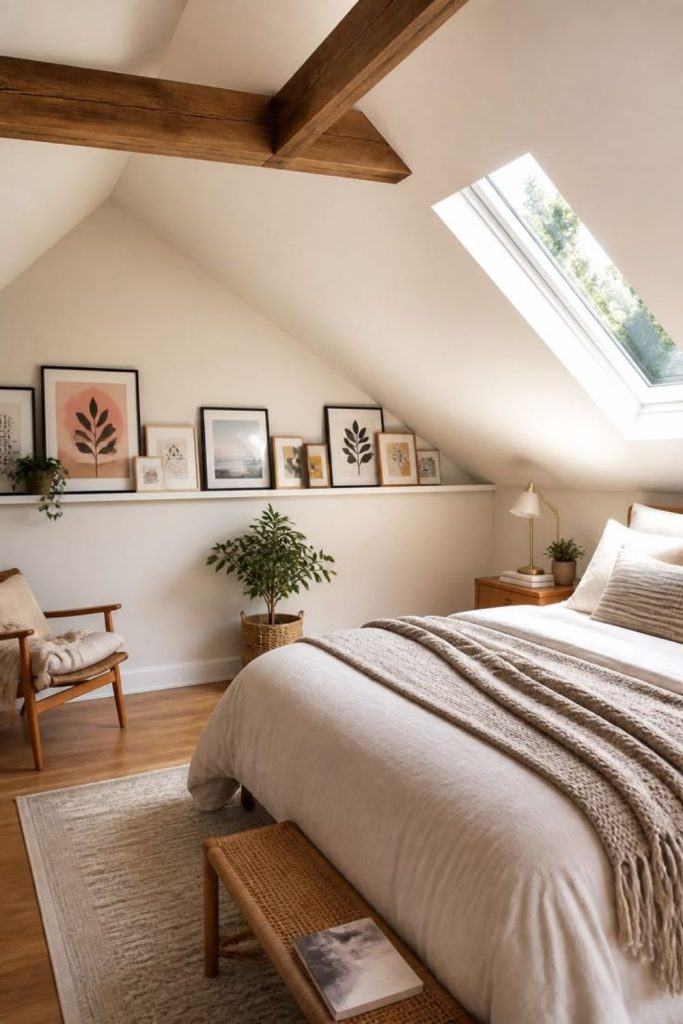 Scandinavian attic bedroom with sloped ceiling.