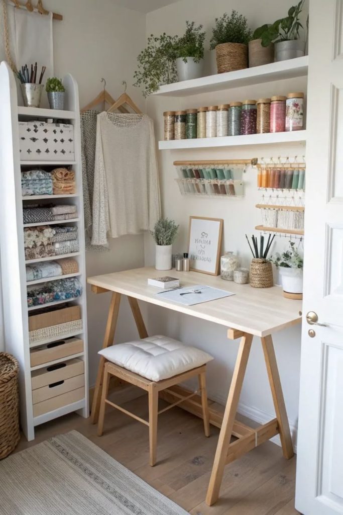 Scandinavian craft corner with wooden shelves.